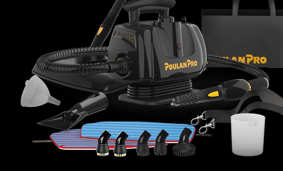 PP270 Accessories 1 Poulan Pro PP270 Portable Power Steam Cleaner Accessories including a tote, nozzle, measuring cup, mop heads, shoulder strap, scraper, funnel and several brush heads